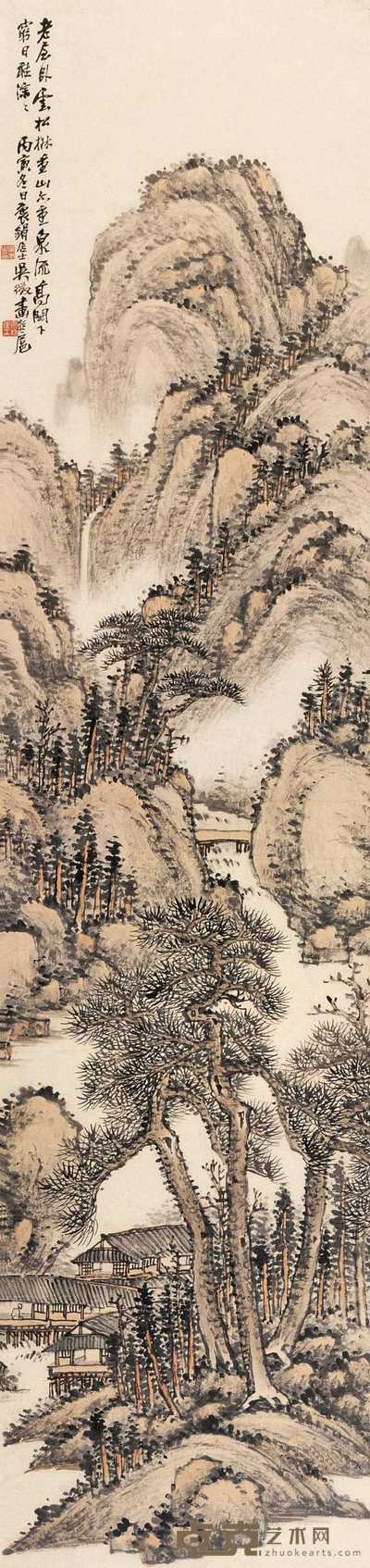吴待秋 泉流高阁下 镜心 135×32cm